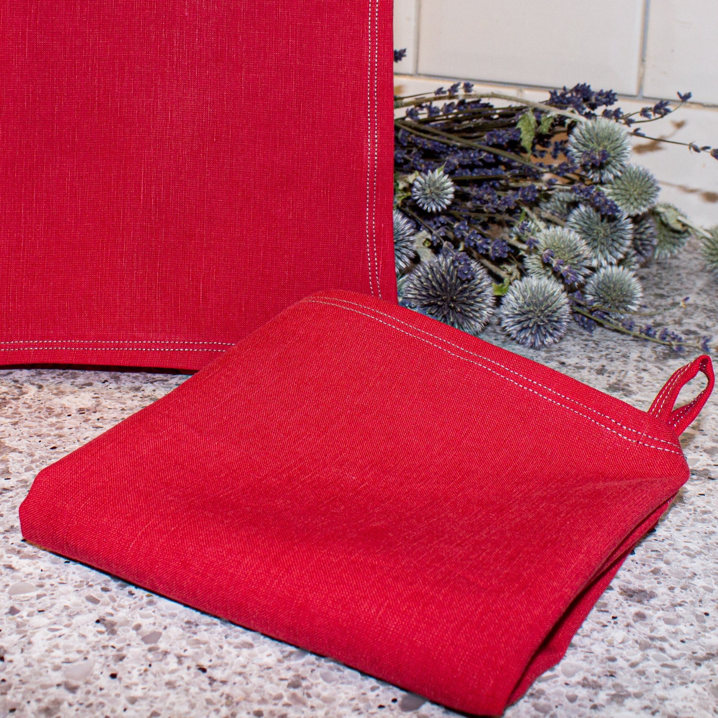 Raspberry linen tea towel